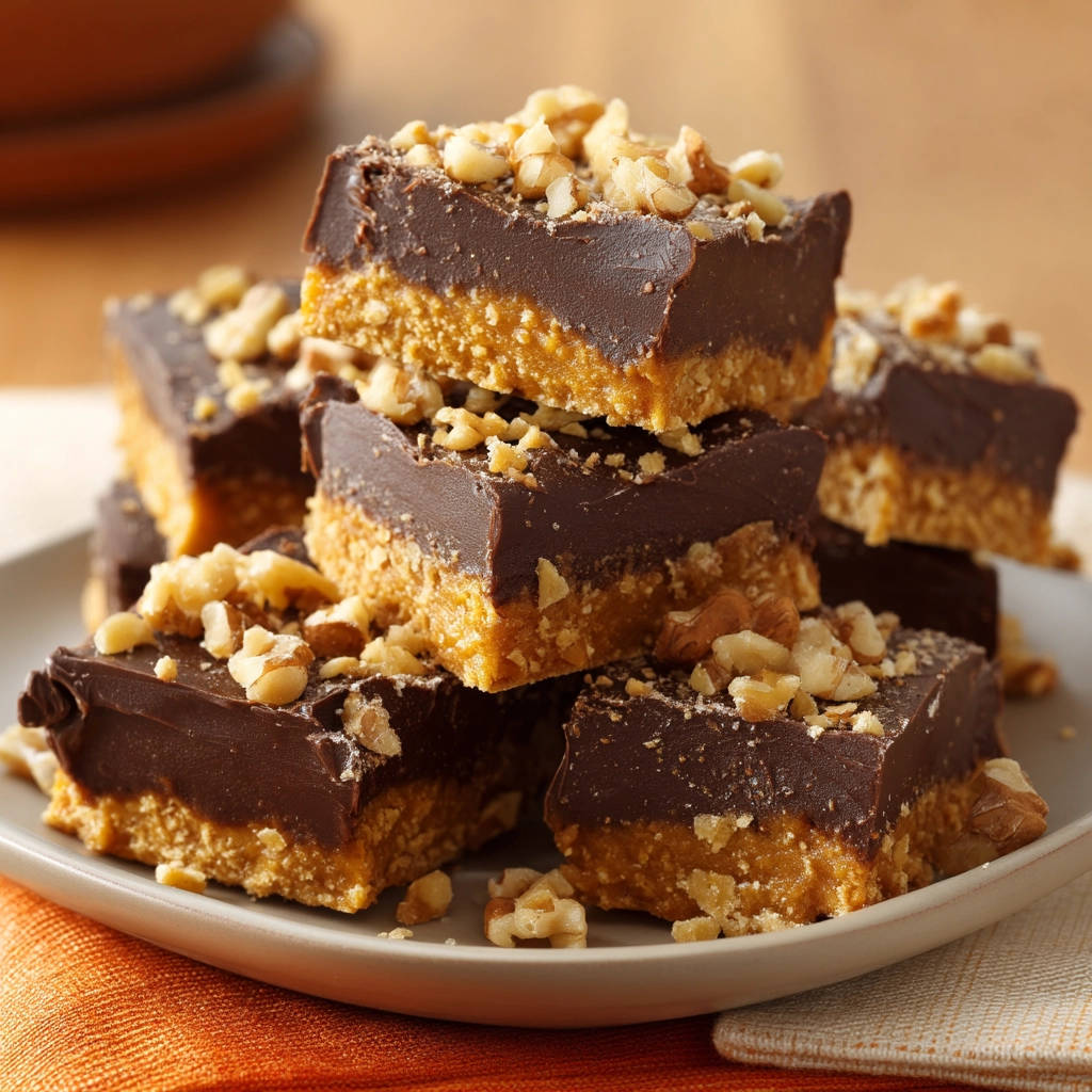 Peanut Butter Chocolate Fudge Bars stacked in a close-up view, showcasing the layers and chopped nuts on top.