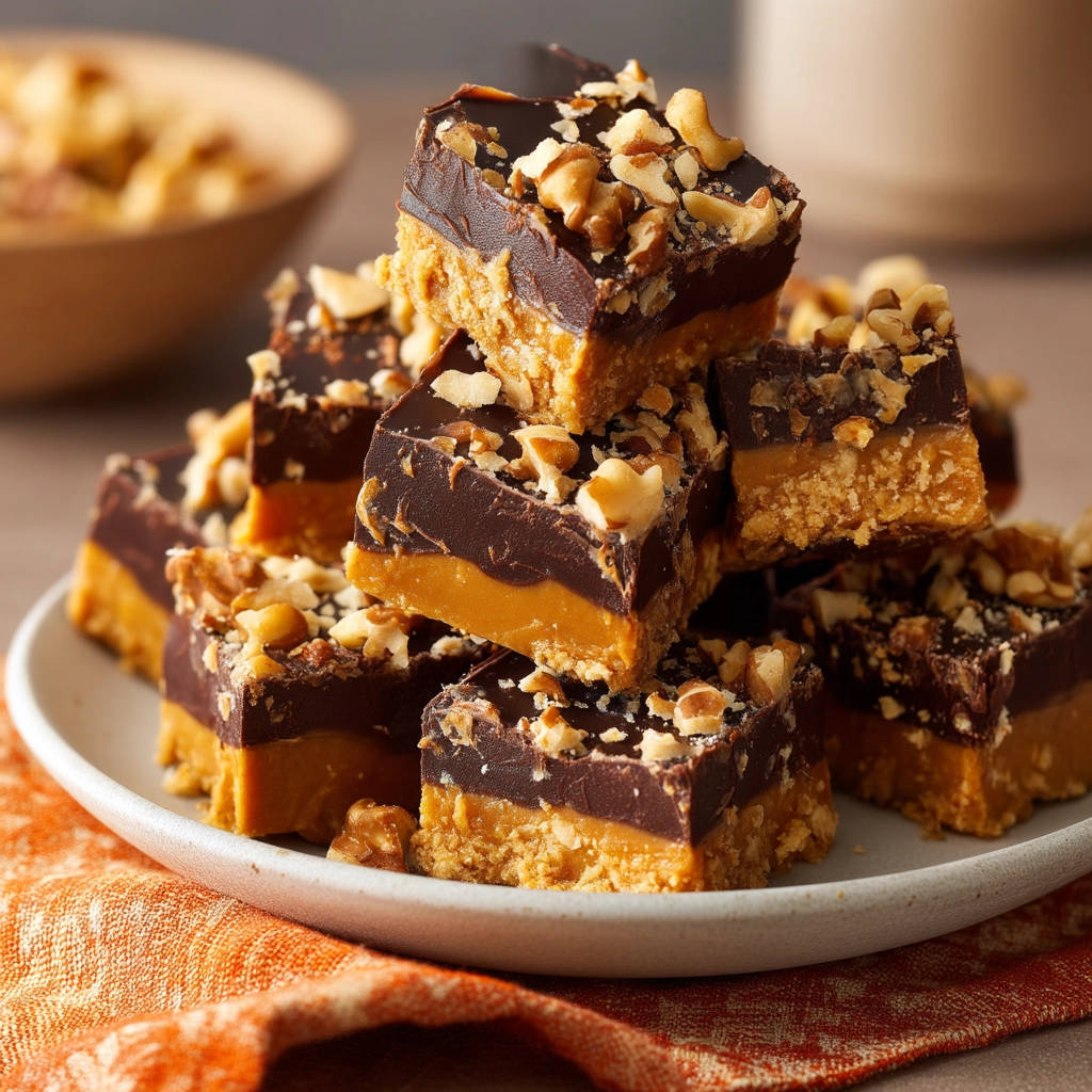 Peanut butter chocolate fudge bars stacked invitingly on a white plate, showcasing their layered texture and sprinkled nut topping.
