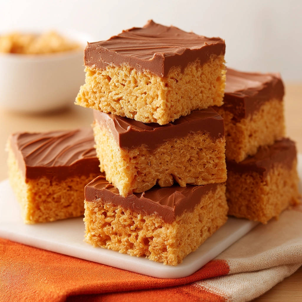 Peanut Butter Rice Krispie Treats stacked in a close-up view, showcasing their chocolate topping and textured base.