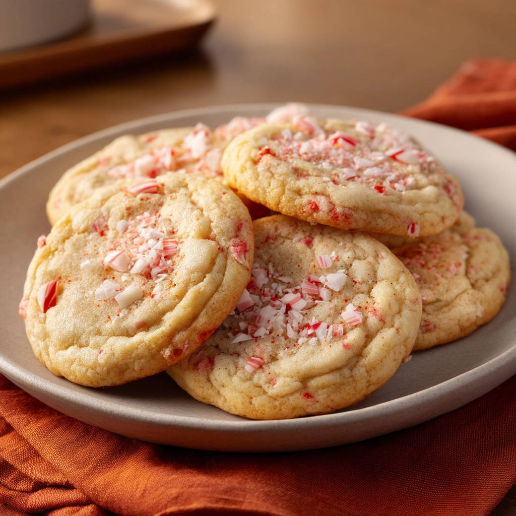 Simple peppermint cookies with a festive crushed candy cane topping, presented on a light gray plate.