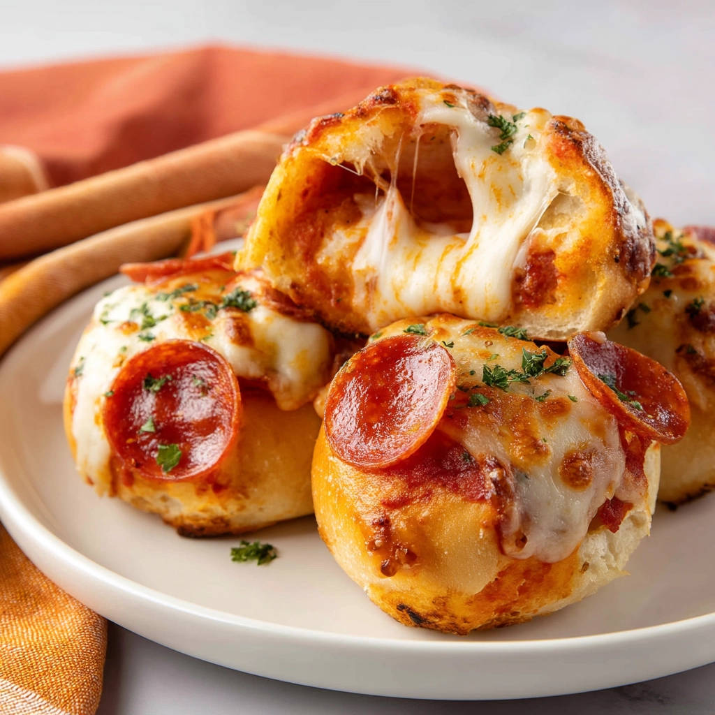 Pepperoni pizza bites with a gooey cheese pull, showcasing the melted mozzarella inside.