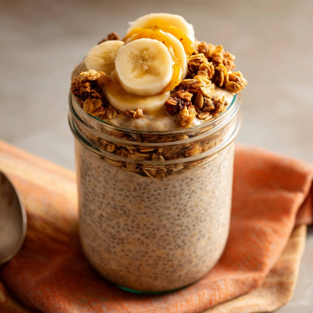 Perfect chia seed pudding in a jar, topped with banana slices, granola, and a drizzle of honey.