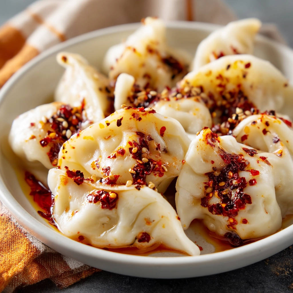Perfect dumplings with chili oil topping in a white bowl, with a close-up view of the glistening chili flakes and sesame seeds.
