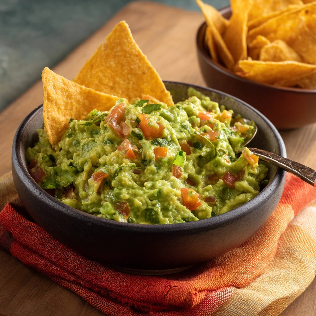 Perfect guacamole in a dark bowl with tortilla chips, showcasing its chunky texture and fresh ingredients.