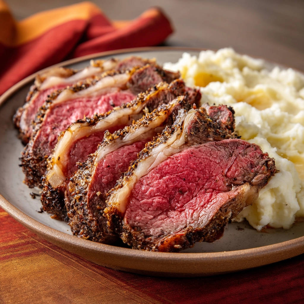 Perfect juicy roast beef sliced to show a tender pink cross-section, served with mashed potatoes.