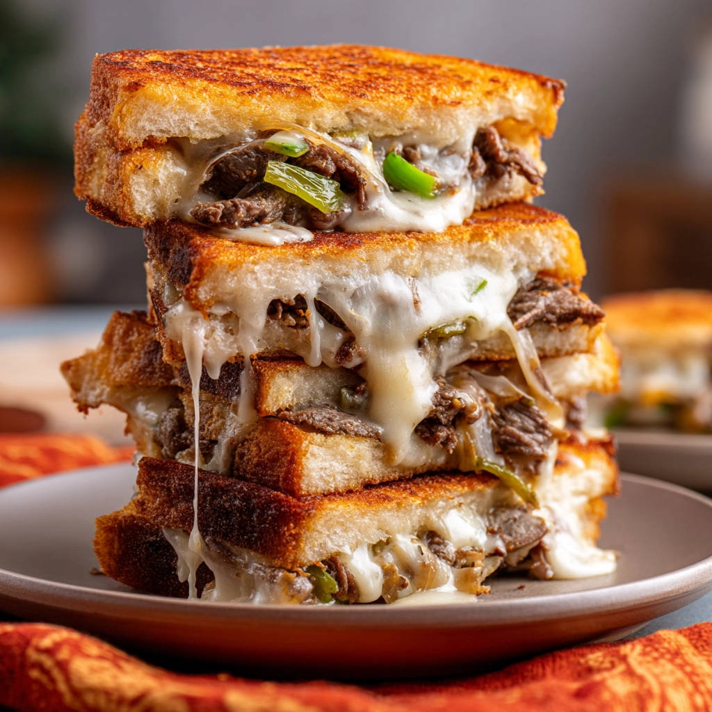 Philly cheesesteak grilled cheese stack with melted cheese and green peppers, showcasing a gooey interior.
