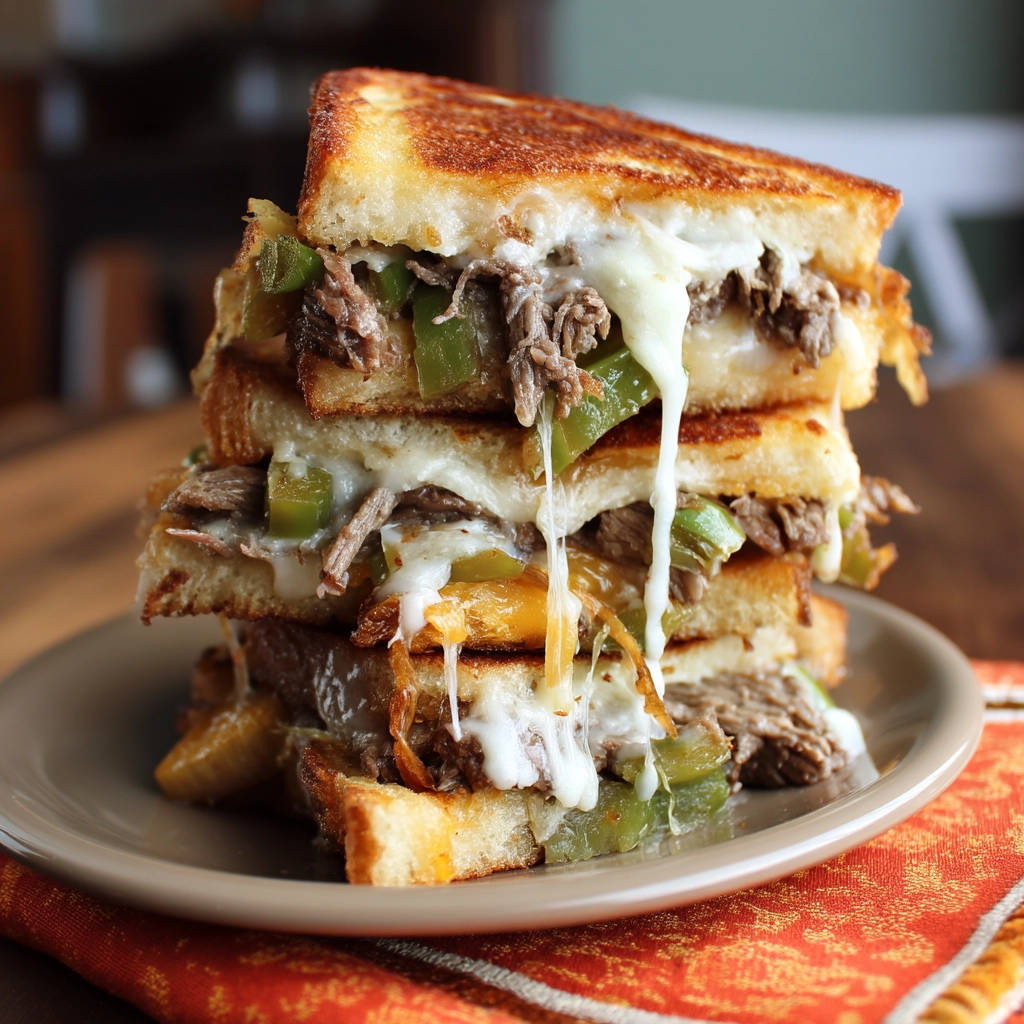 Philly cheesesteak grilled cheese stacked high, showcasing a gooey cheese melt with tender beef and green peppers.