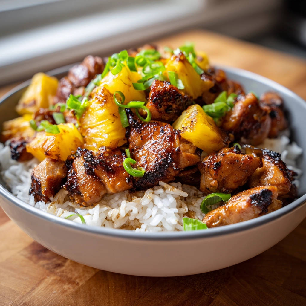 Pineapple chicken and rice served in a bowl, topped with fresh pineapple chunks and chopped green onions.