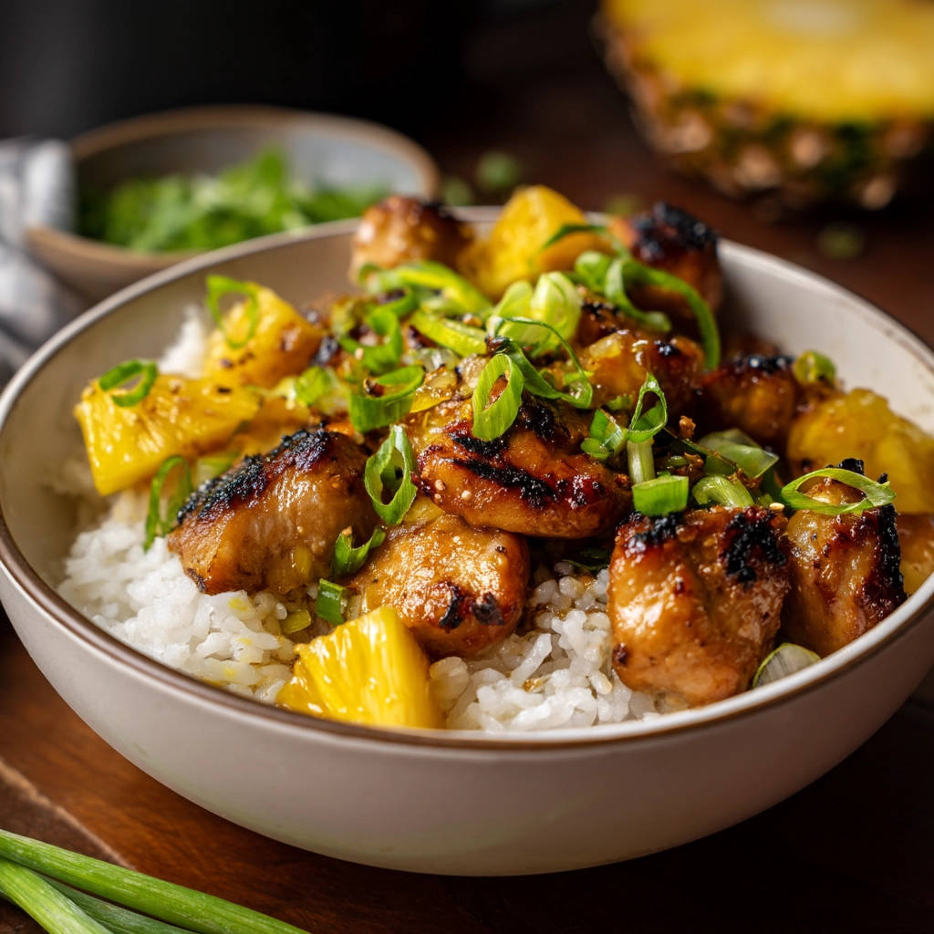 Pineapple chicken and rice in a bowl, garnished with green onions and served over white rice.