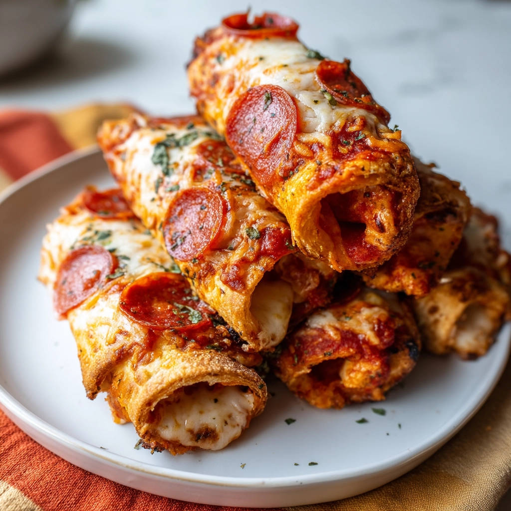 Crispy pizza roll ups showing a cheesy interior with pepperoni and marinara sauce.