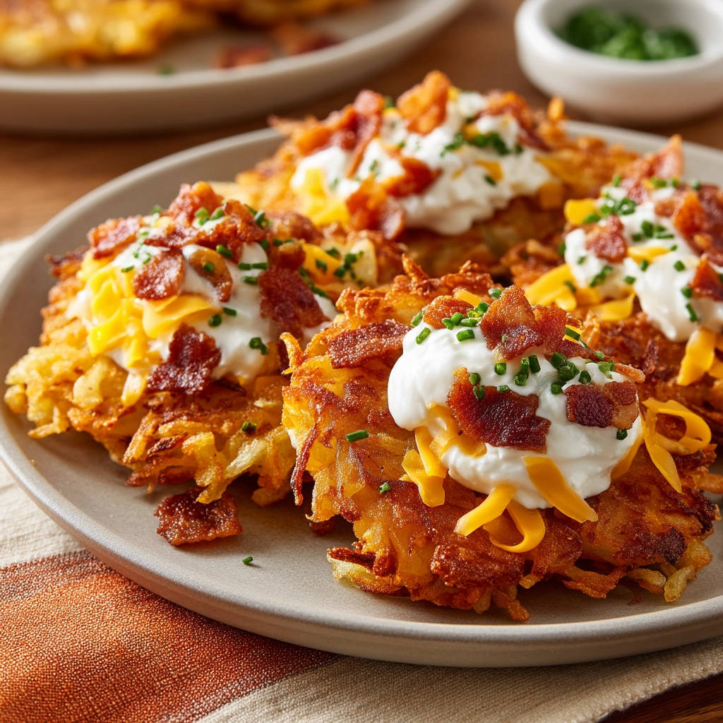 Crispy potato pancakes plated with sour cream, shredded cheese, and crumbled bacon.