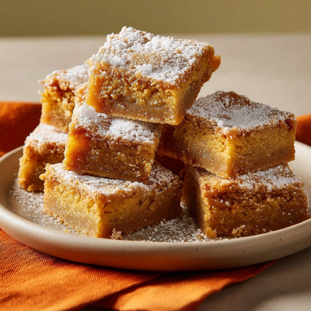 Pumpkin Patch Bars dusted with powdered sugar, stacked neatly on a plate with an orange napkin.