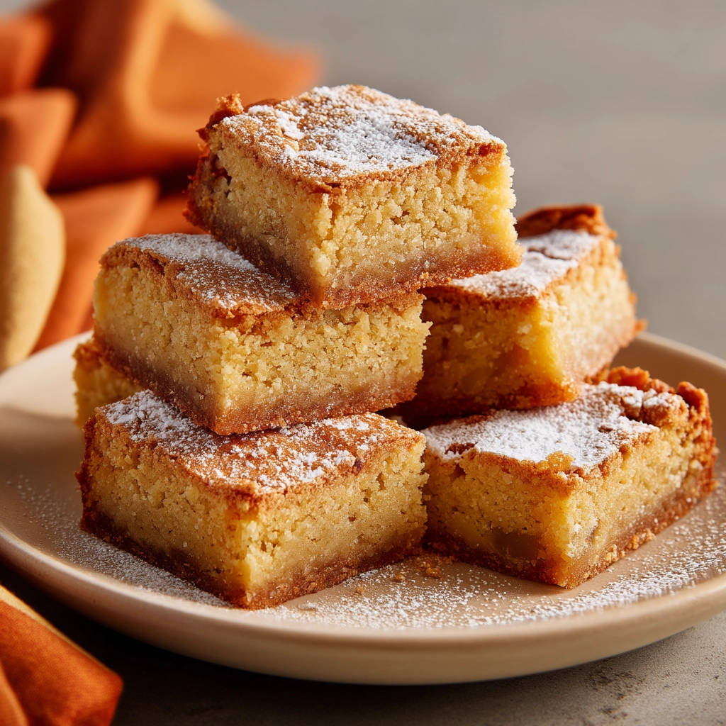 Pumpkin Patch Bars stacked on a plate, dusted with powdered sugar, showcasing clean slices.