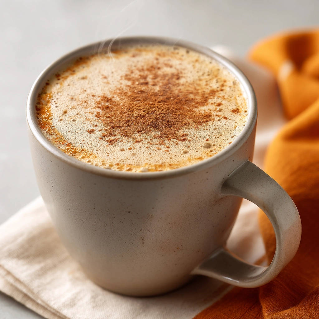 Homemade Pumpkin Spice Latte with a creamy foam topped with cinnamon and gently steaming in a mug.