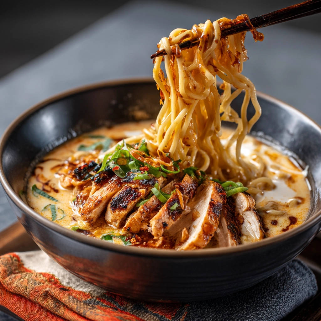 Ramen with grilled chicken, with a close-up of noodles being lifted by chopsticks from the bowl.