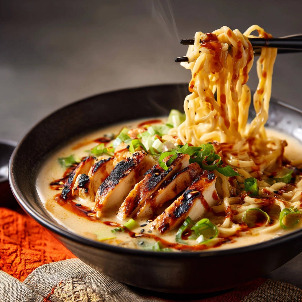 Ramen with grilled chicken, showcasing noodles being lifted from the broth with chopsticks.