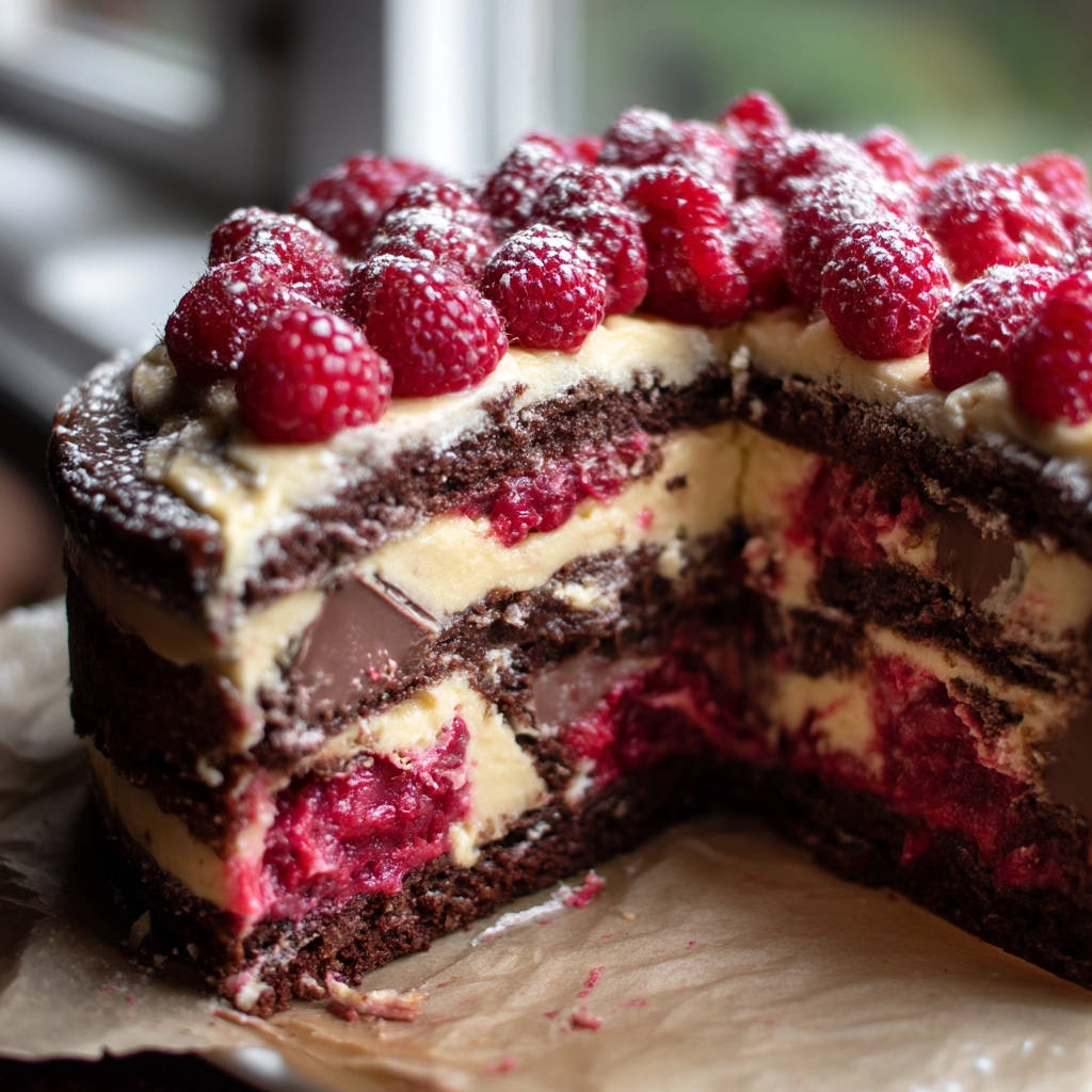 Raspberry chocolate layer cake cross-section showing layers of cake, cream, raspberries, and chocolate chunks.