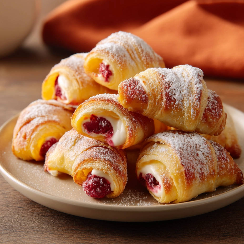 Raspberry cream cheese crescent rolls shown in a close-up cross-section revealing the creamy filling and fruity raspberry center.