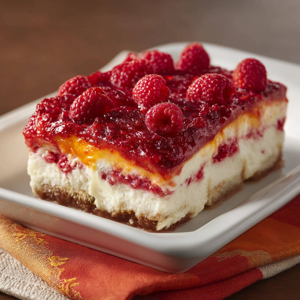 Raspberry Dream Bars cross-section showing layers of creamy filling, tart raspberries, and a graham cracker crust.