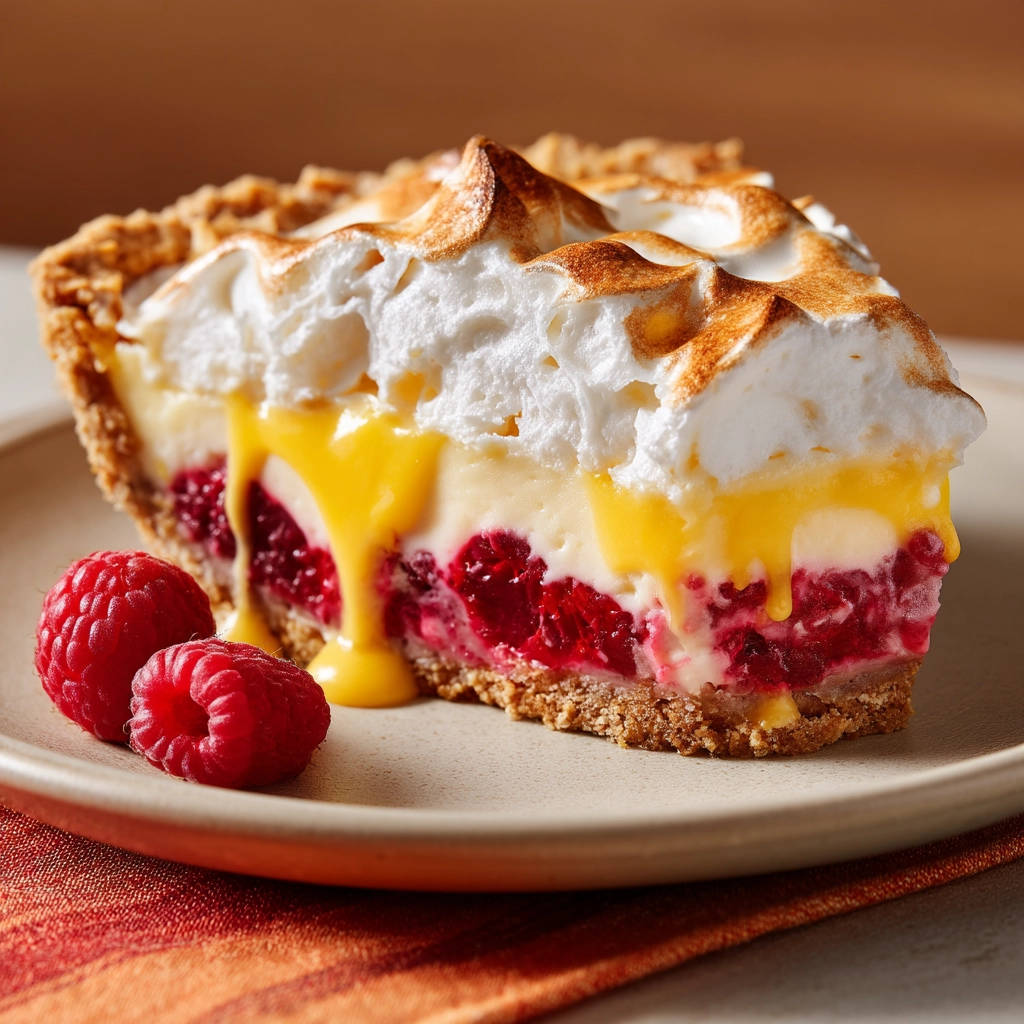 Raspberry lemon meringue pie cross-section showing layers of tart raspberries, creamy filling, and toasted meringue topping.