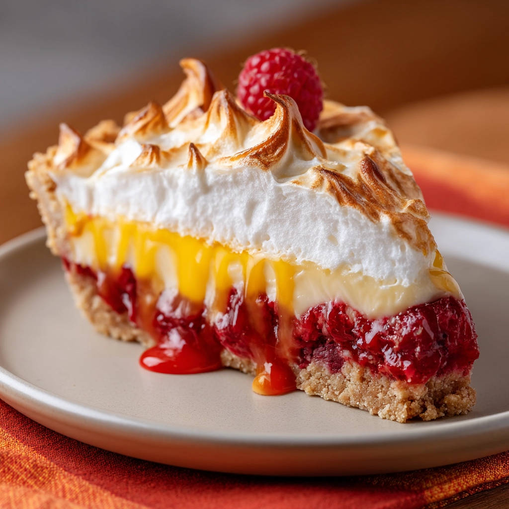 Raspberry lemon meringue pie slice cross-section showing layers of fruit, custard, and toasted meringue topping.