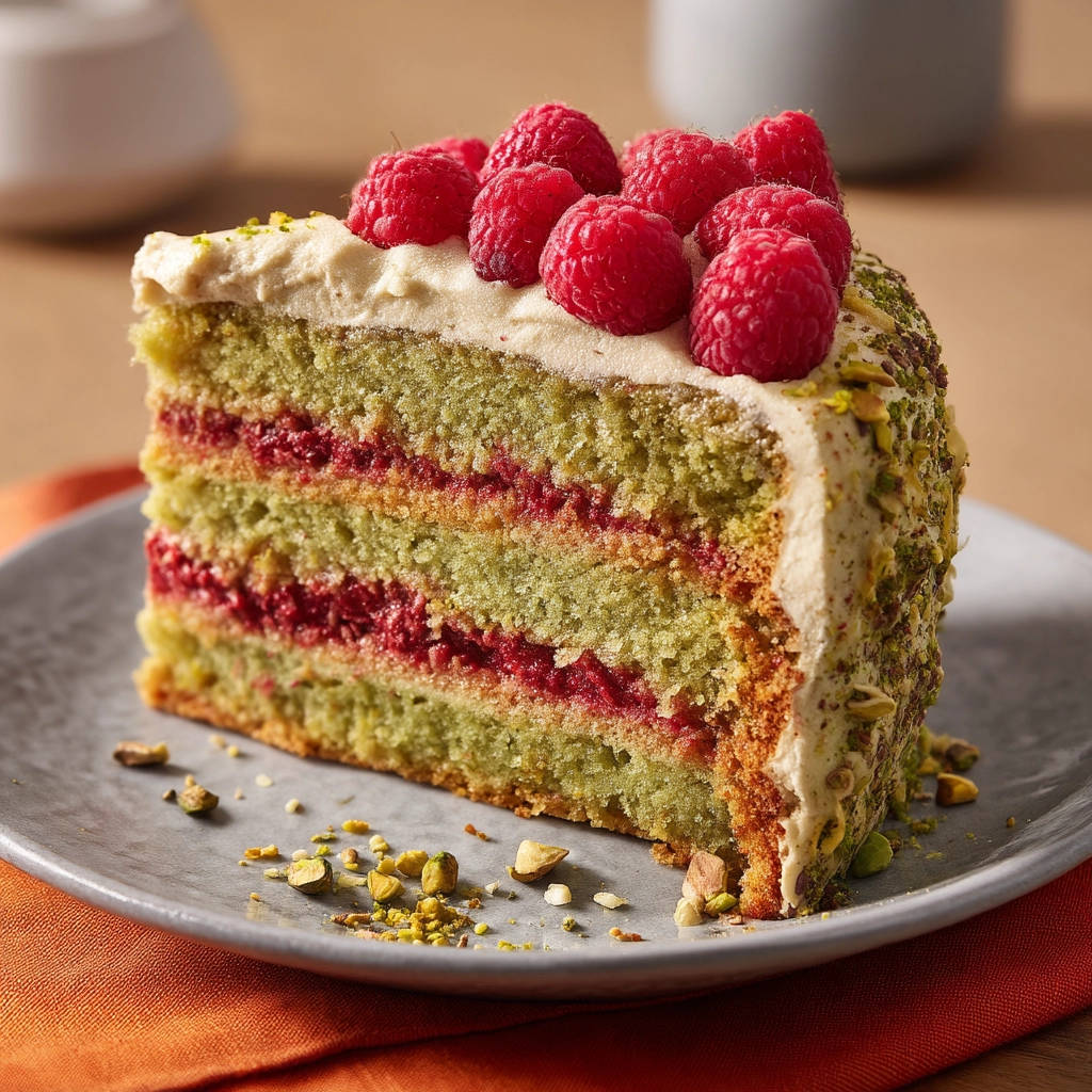Raspberry pistachio layer cake cross-section slice showing layers of green cake and raspberry filling, topped with fresh raspberries.
