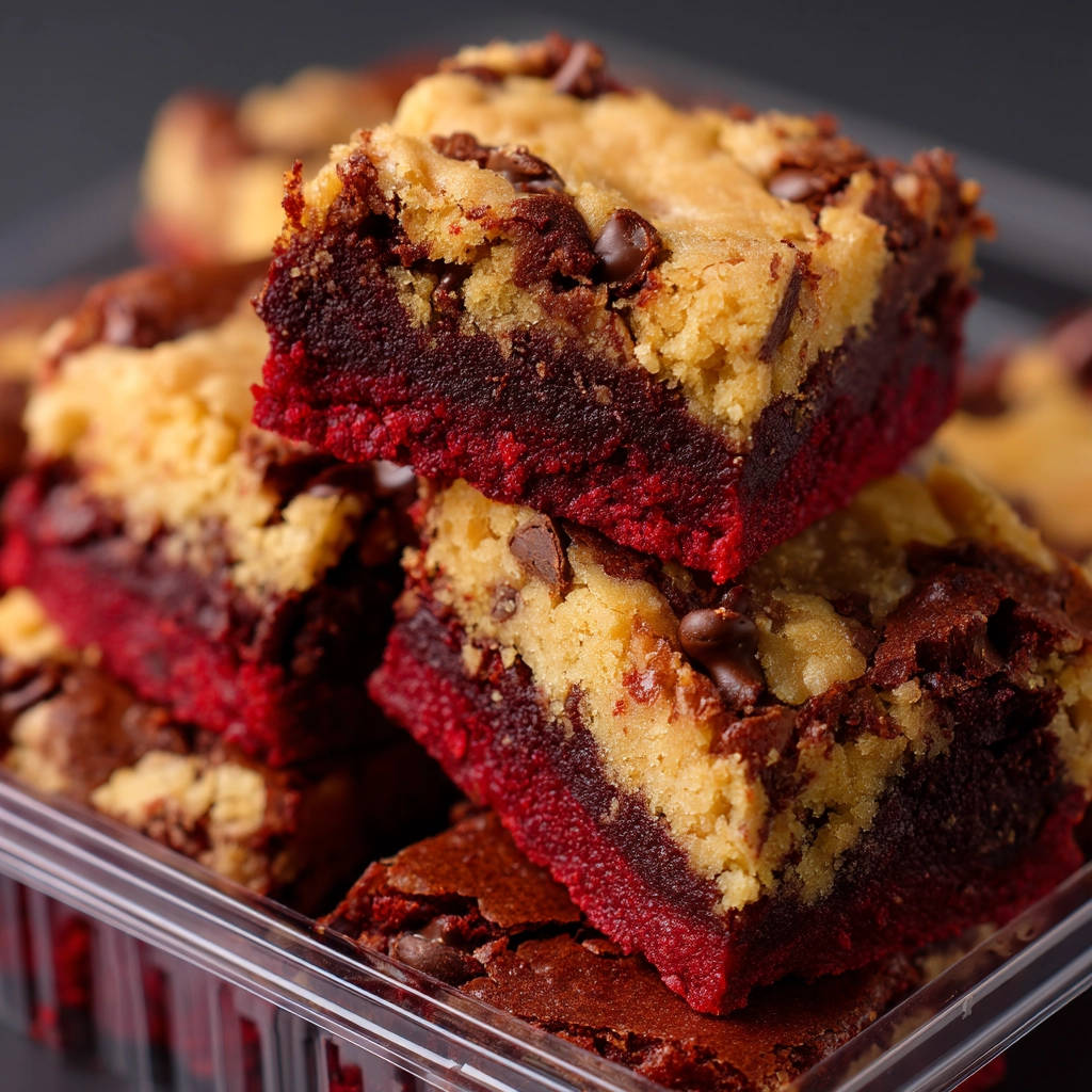 Red velvet brookies shown in a close-up stack, revealing the distinct red velvet brownie and cookie layers.