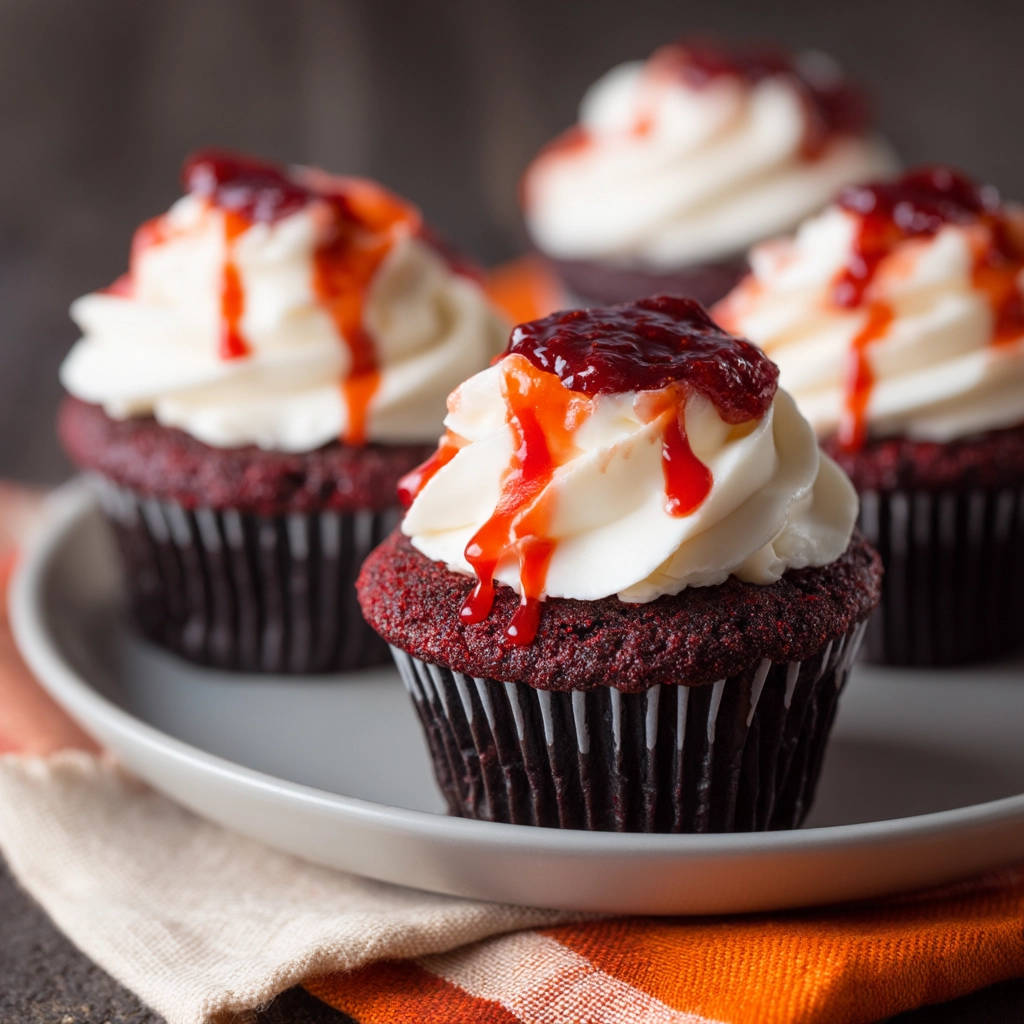 Classic red velvet cupcakes topped with white frosting and drizzled with a vibrant red glaze.