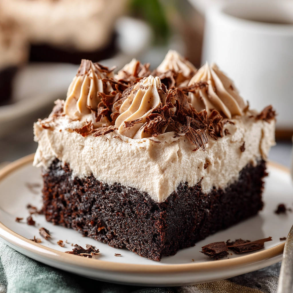 Rich chocolate cake served as a plated slice, topped with creamy frosting and chocolate shavings.