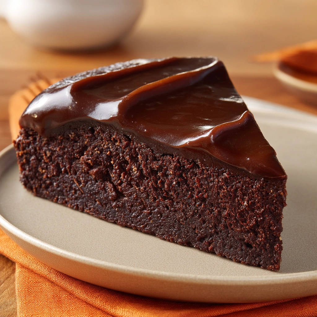 Rich chocolate cake, a single slice on a plate, showcasing its moist texture and glossy chocolate glaze.
