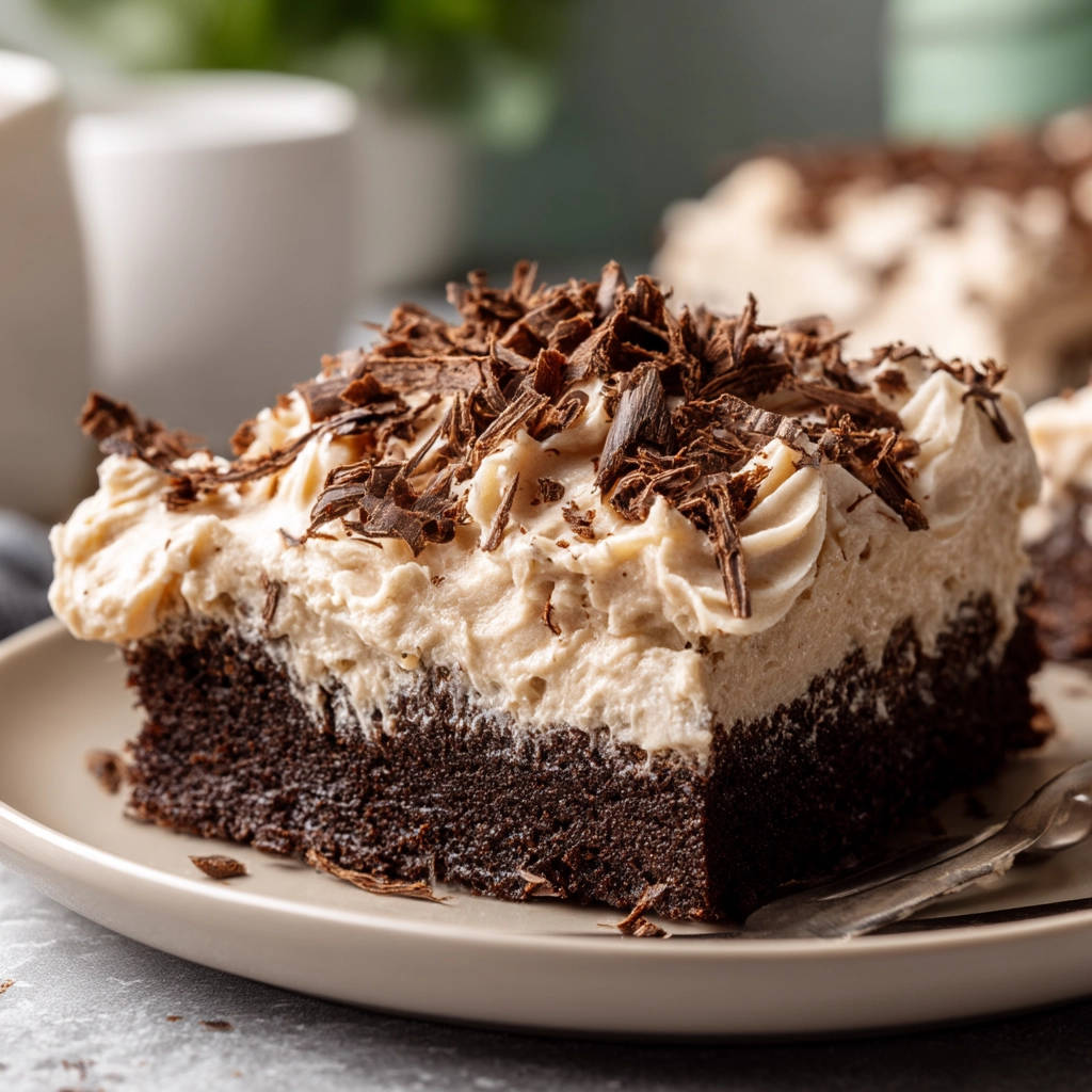 Rich chocolate cake with creamy frosting and dark chocolate shavings on a plate, a close-up view.