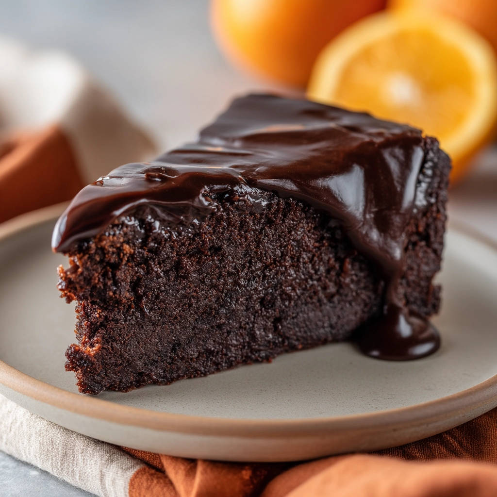 Rich chocolate cake slice with a thick dark chocolate glaze cascading down the side, served on a plate.