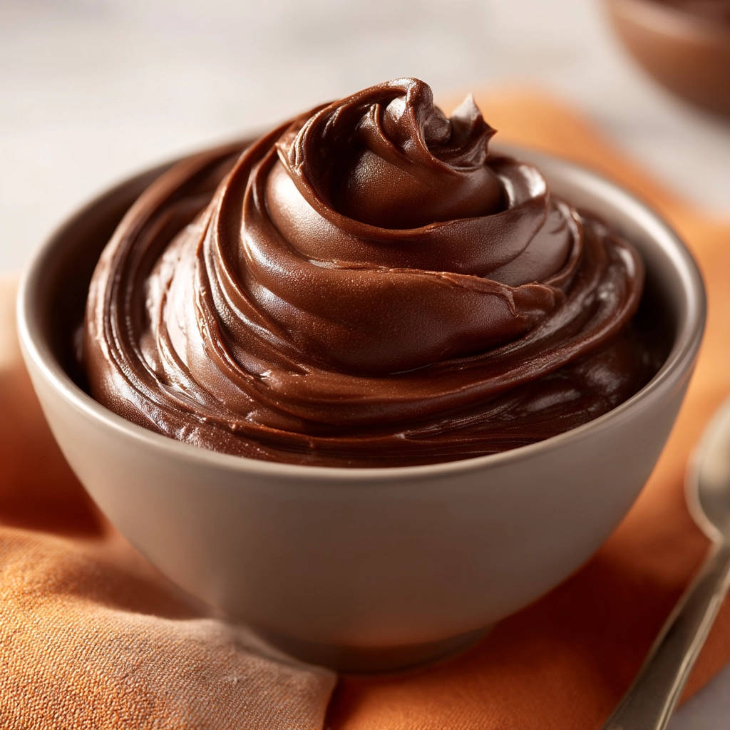 Rich chocolate dream silky smooth pudding recipe shown in a swirl detail in a bowl on an orange cloth.