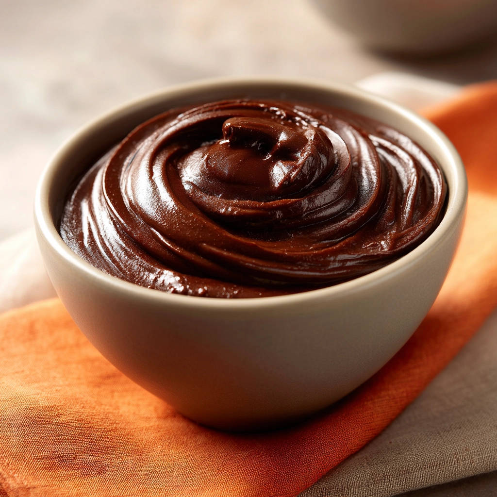 Rich Chocolate Dream is a silky smooth pudding swirled artfully in a close-up view within a light brown bowl.