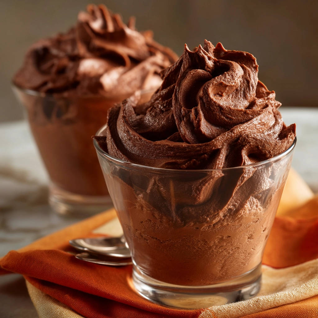 Rich chocolate mousse in a glass, showing piped swirls and a close-up detail of the texture.