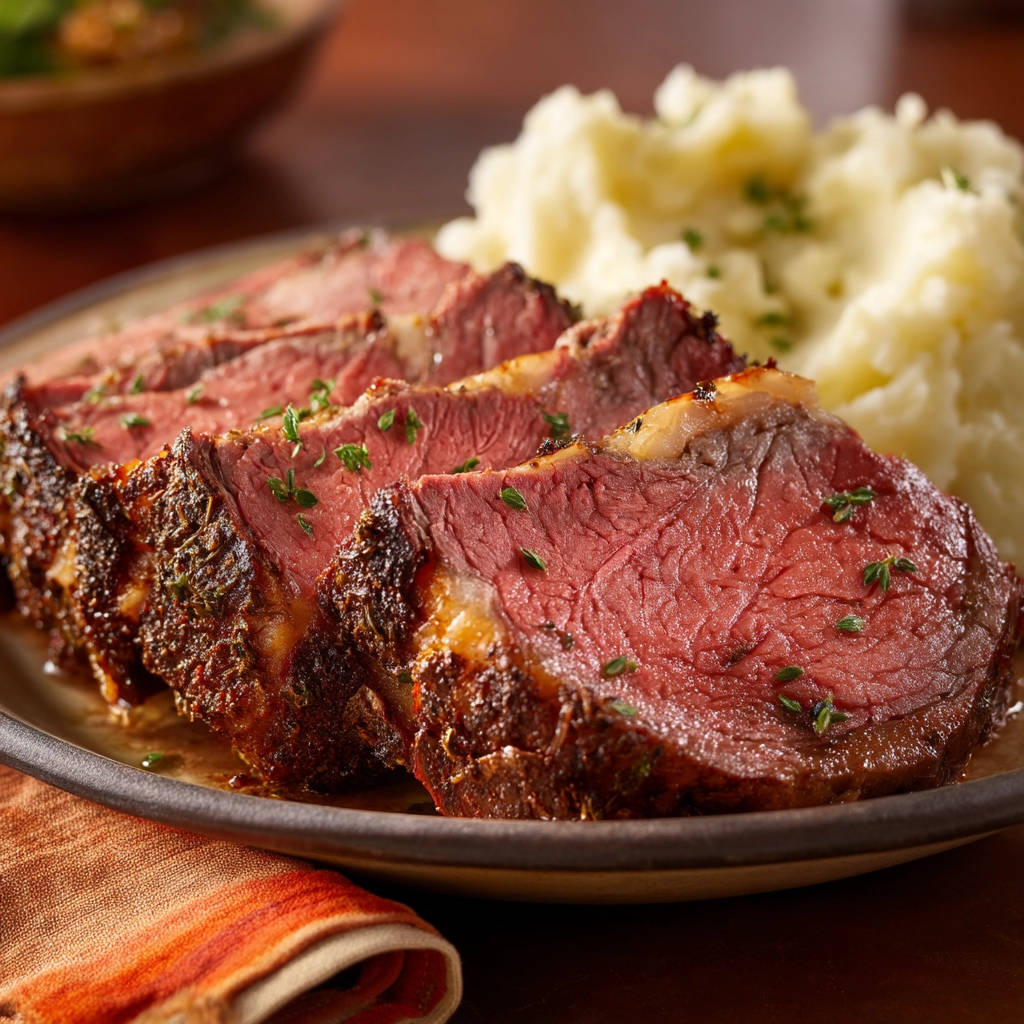 Roast beef sliced to reveal a juicy red interior, garnished with fresh herbs and served with mashed potatoes.