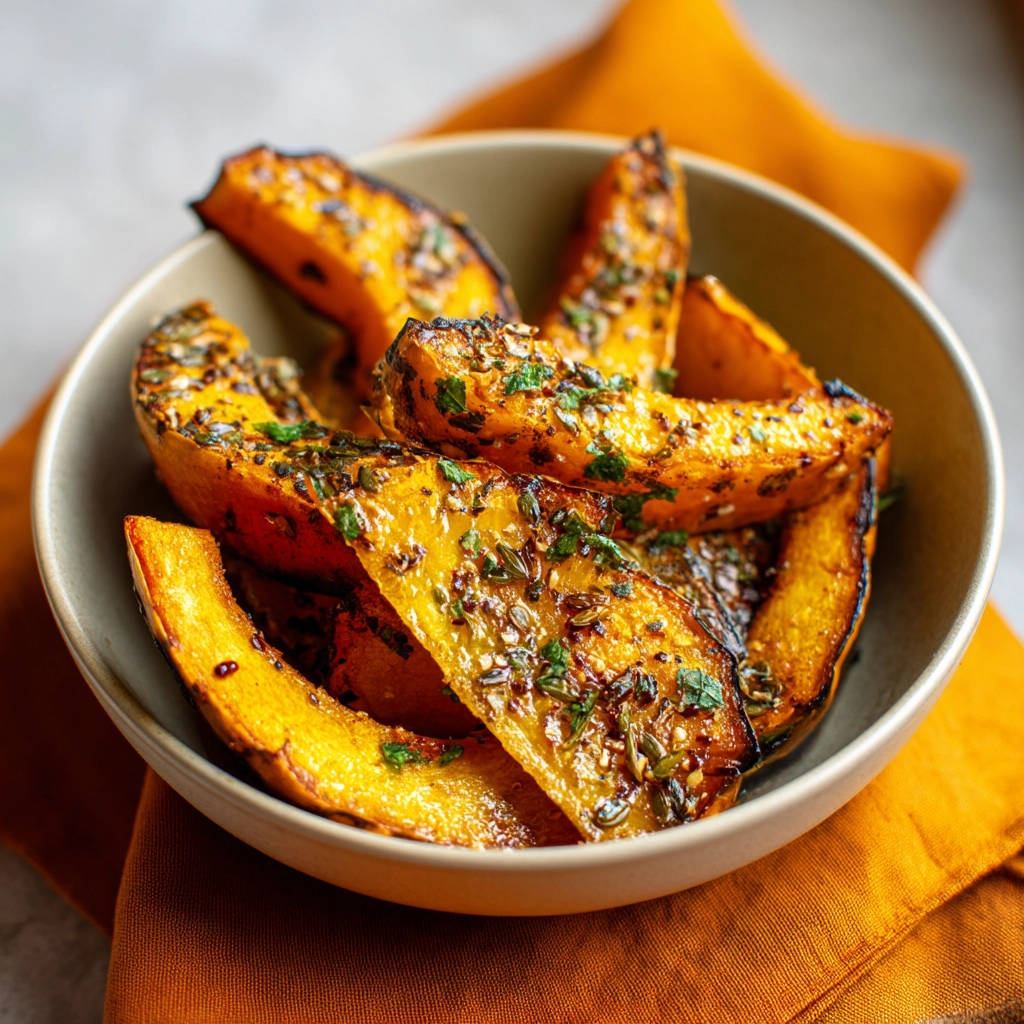 Roasted butternut squash wedges seasoned with herbs and seeds, served in a bowl.