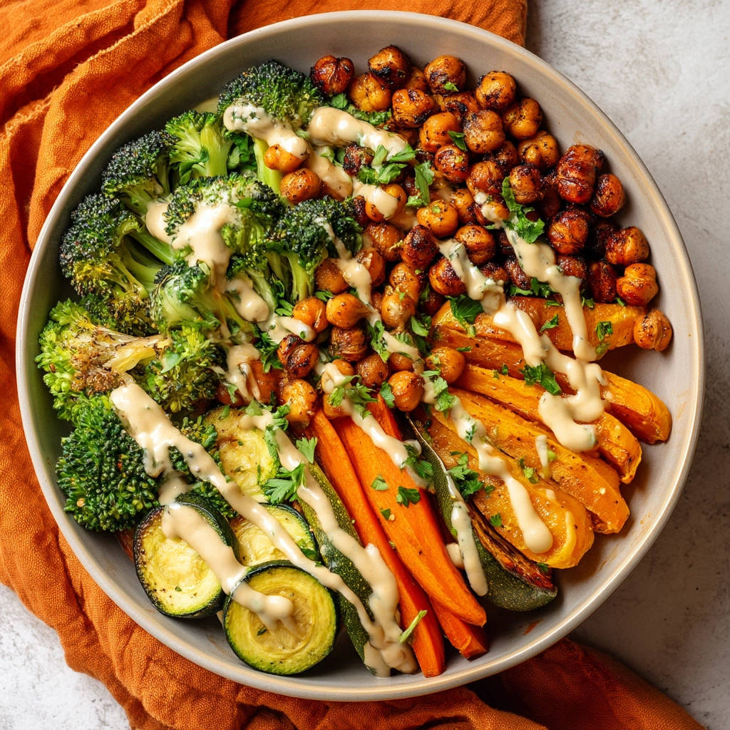 Roasted veggie power bowl with crispy chickpeas and a creamy tahini drizzle, presented in a full overhead view.
