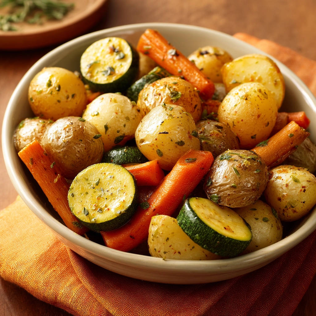 Roasted veggies in a bowl with potatoes, carrots, and zucchini, presented with a close-up overhead view.