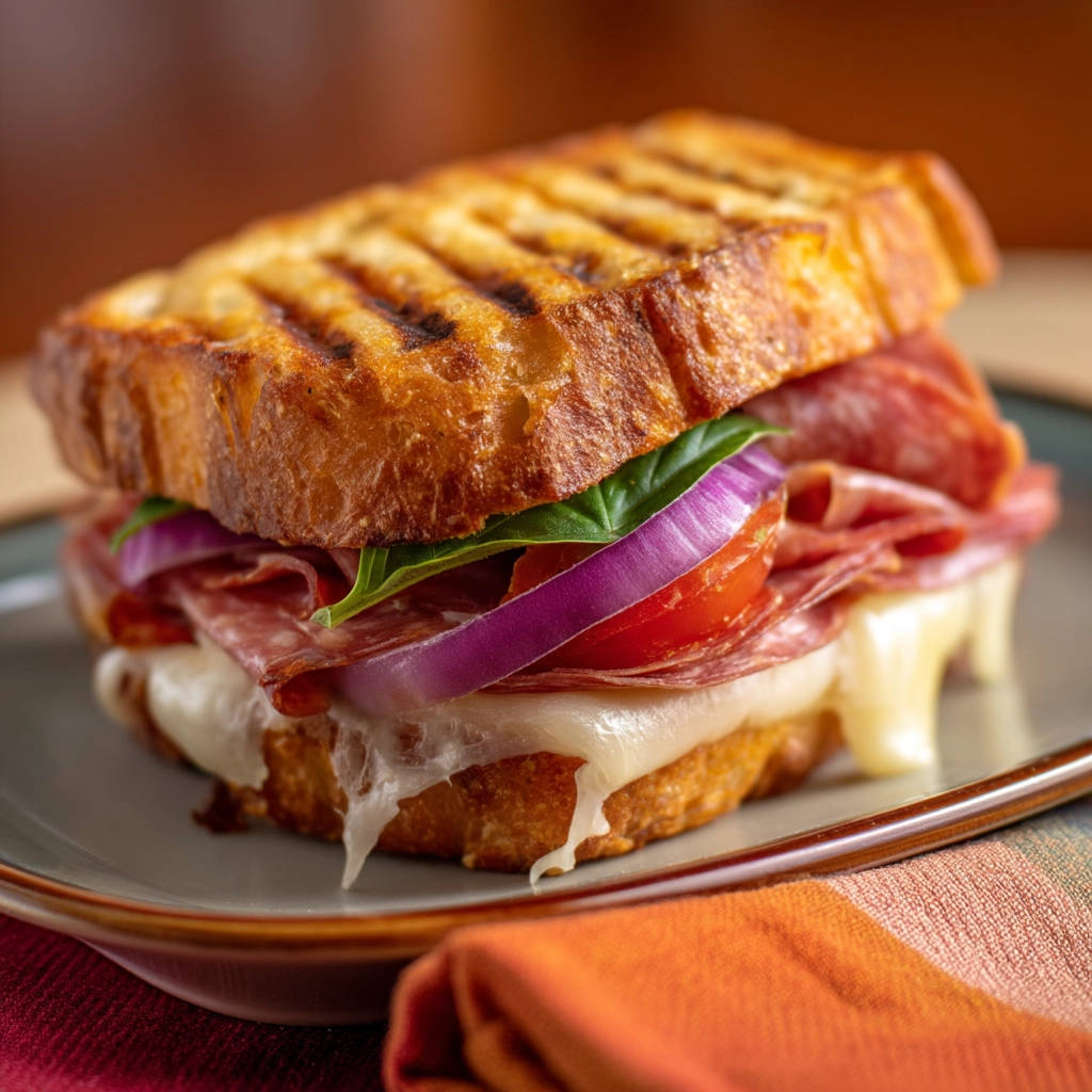 Ultimate Salami &amp; Cheese Melt, a close-up cross-section showing grilled bread, melted cheese, salami, red onion, tomato, and basil.