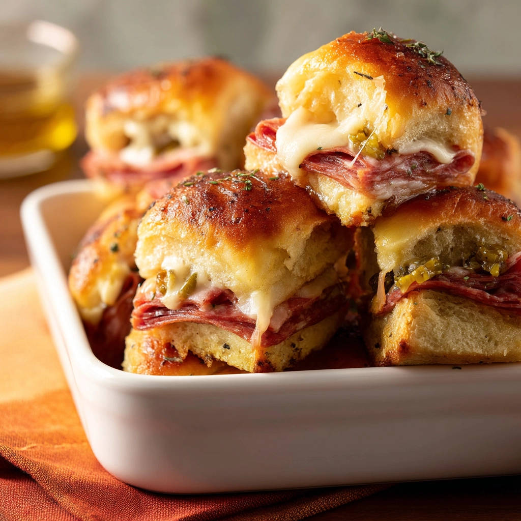 Salami provolone sliders showing a cross-section of melted provolone cheese and salami layers.