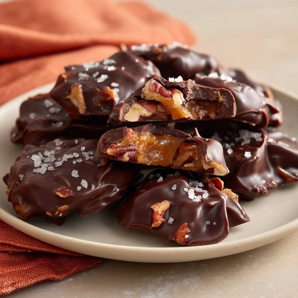 Salted caramel pecan turtles with a close-up cross-section revealing the gooey caramel and crunchy pecans inside.