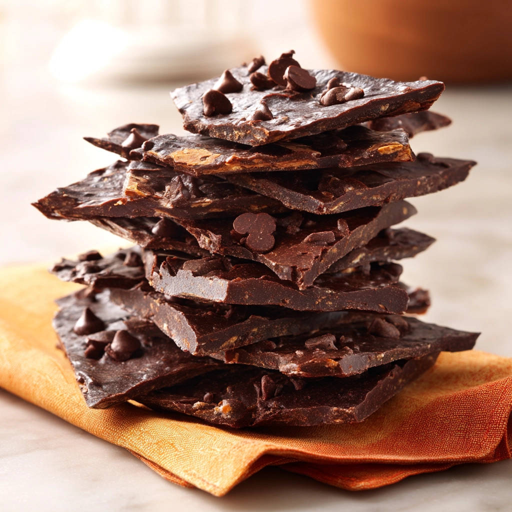 Saltine cracker toffee bark stacked high on an orange napkin, showcasing layers of chocolate and chips.