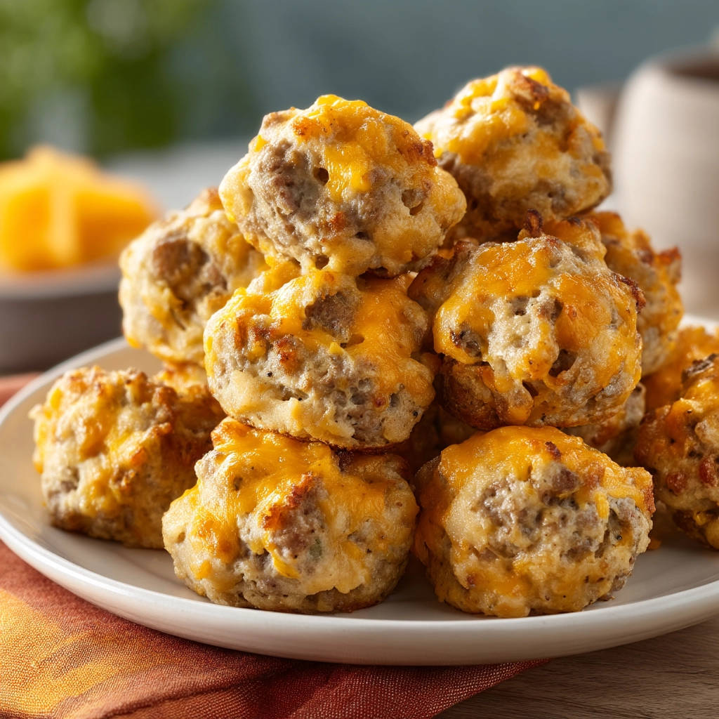 Sausage and cheese balls, a generous stack of golden-brown bites, are shown in a close-up view on a white plate.