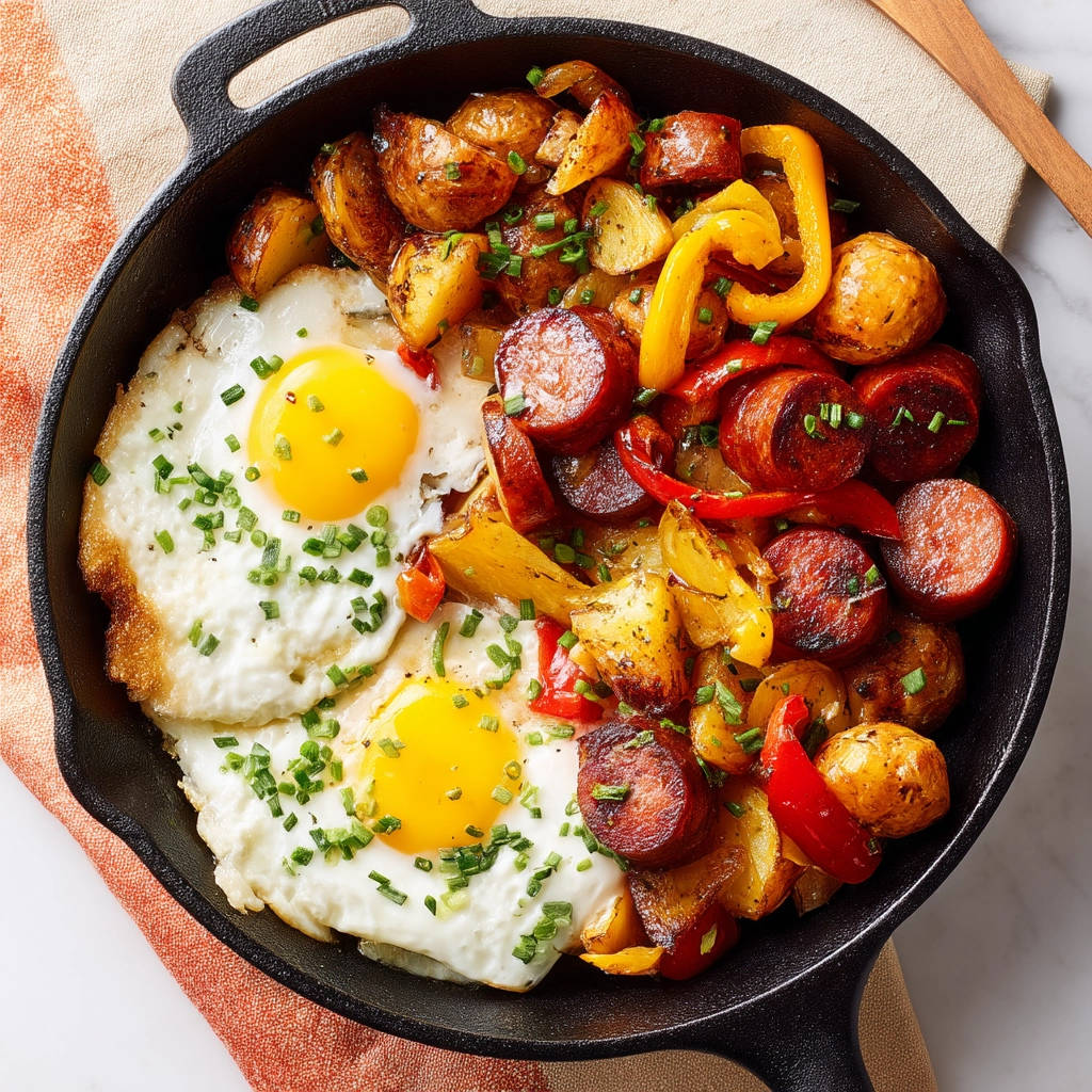 Sausage and potato hash served in a cast iron skillet with fried eggs, viewed from directly above.