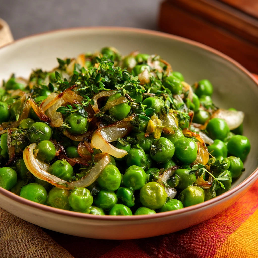 Sautéed peas with caramelized onions served in a bowl, showcasing a fresh herb garnish.