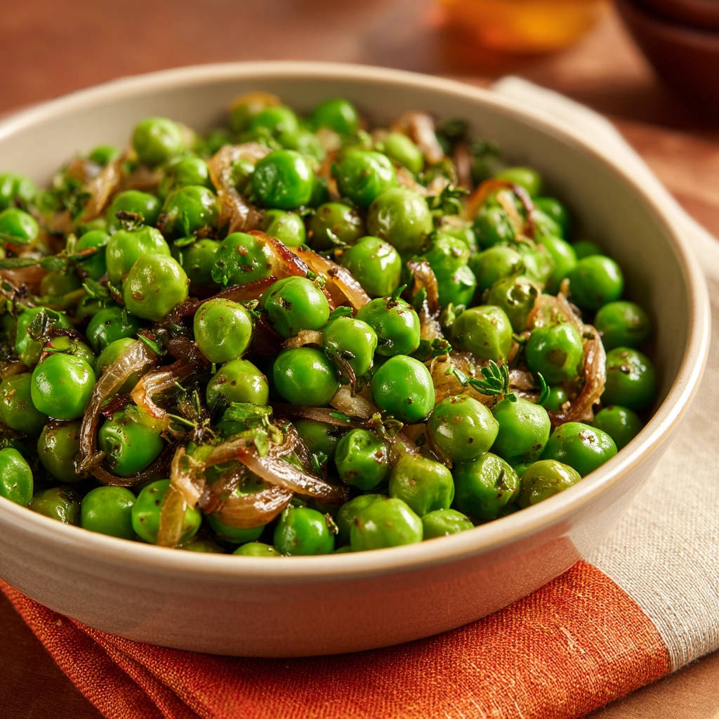 Sautéed peas with caramelized onions served in a rustic bowl, presented as a close-up view.