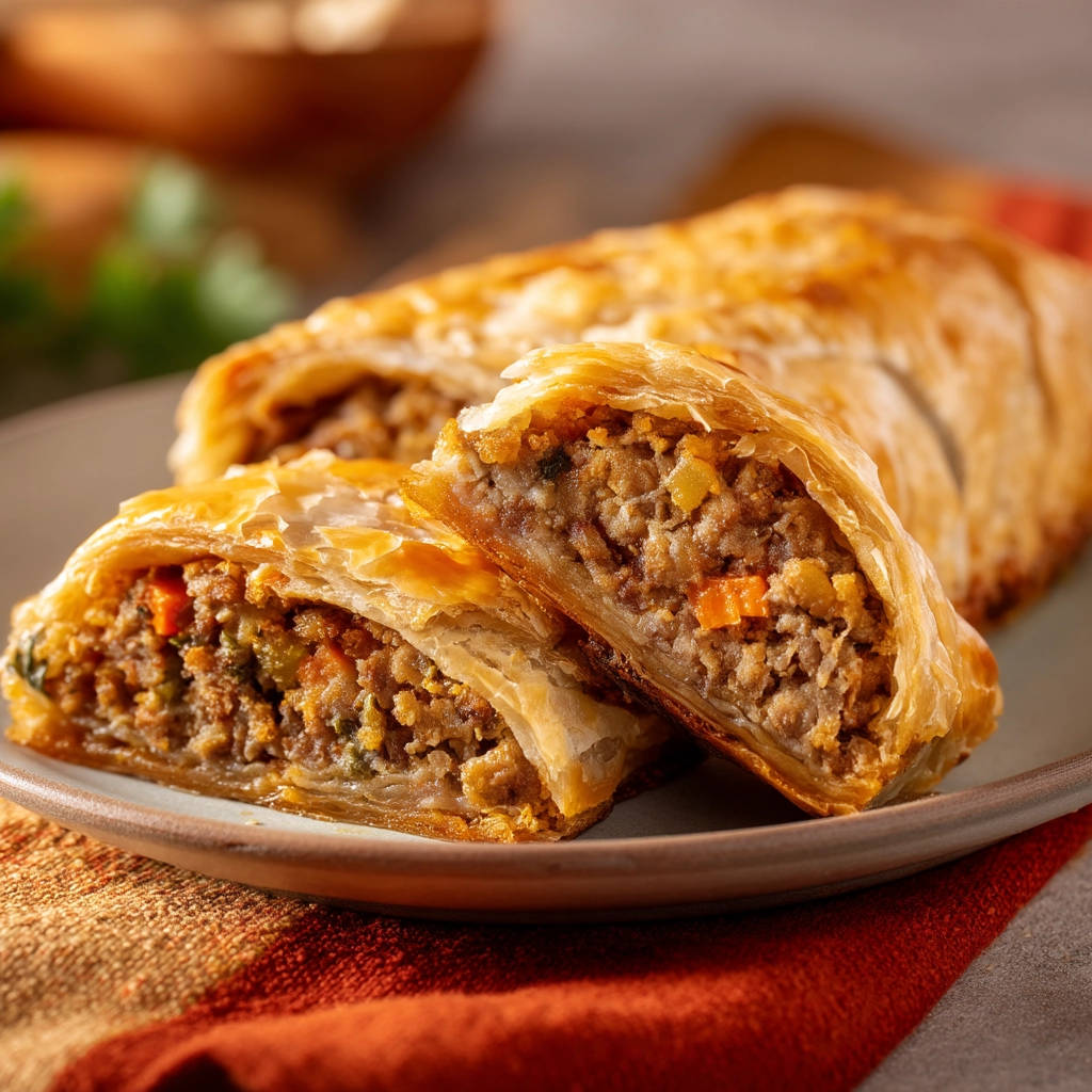 Savory meat rolls cross-section revealing a flaky pastry filled with seasoned ground meat and vegetables.