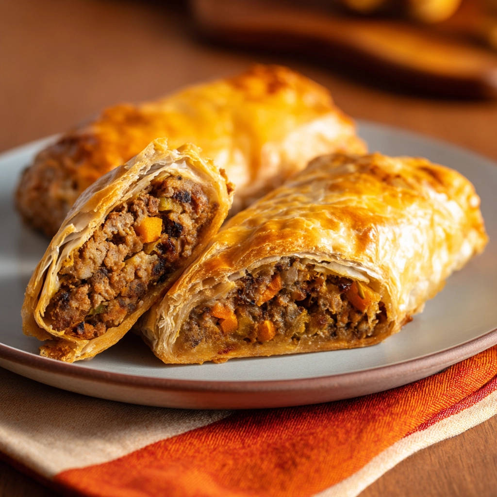 Savory meat rolls shown in a close-up cross-section, revealing a moist and flavorful filling with visible vegetables.