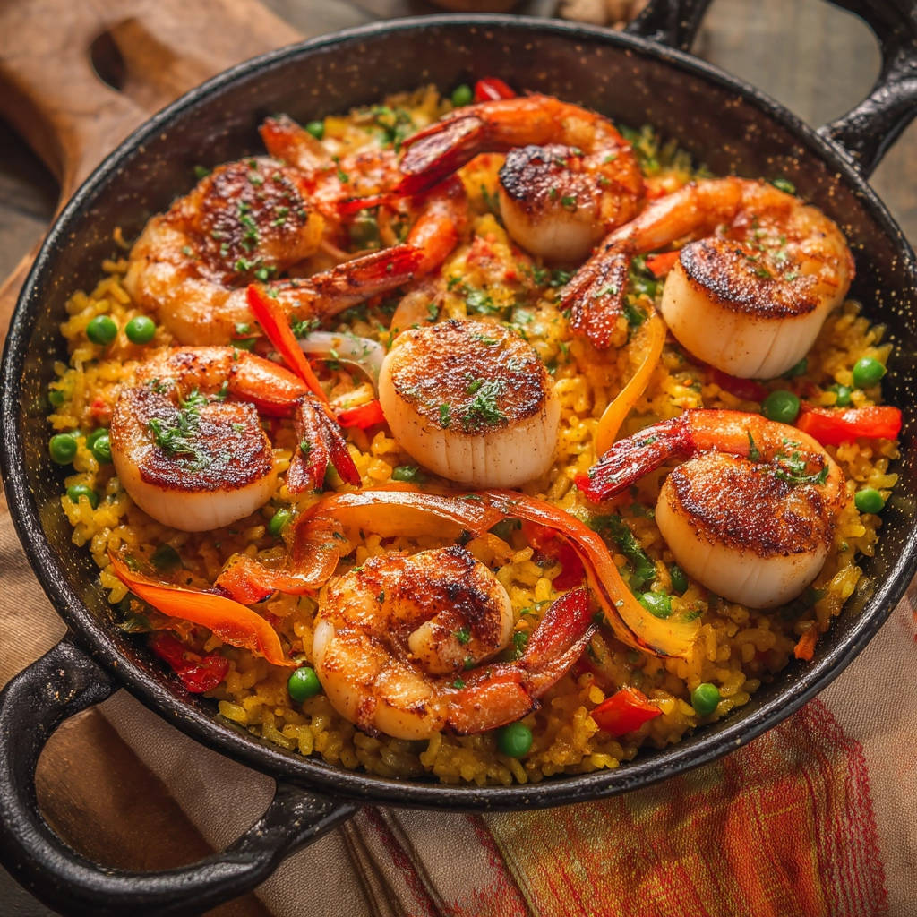 Seafood paella overhead close-up showing shrimp, scallops, and peppers in saffron rice.